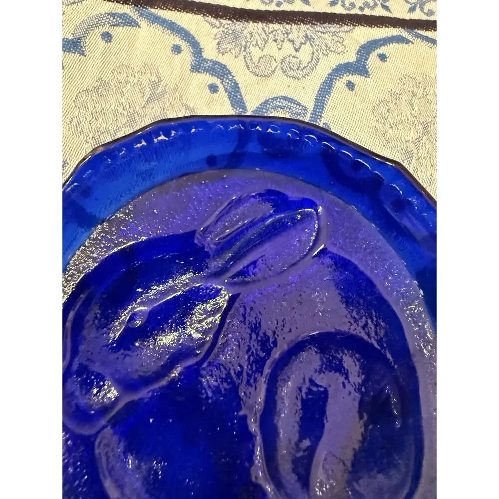 Vintage Cobalt Blue Glass Rabbit Bunny Dish Plate Pressed Glass 4.5”